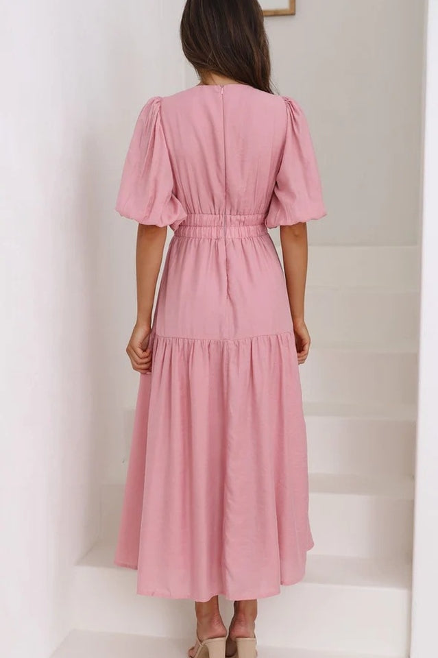 V Neck Puff Sleeve Smocked Empire Waist Tiered Midi Dress