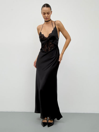 Black Lace Open Backless Halter High-waisted Long Dress