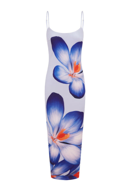 Spaghetti Strap Straight Neck Large Floral Graphic Print Bodycon Maxi Dress