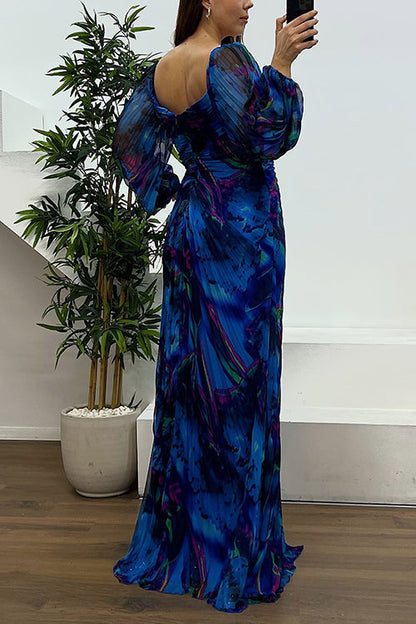 Margovil Off Shoulder Lantern Long Sleeves Printed Slit Pleated Maxi Dress
