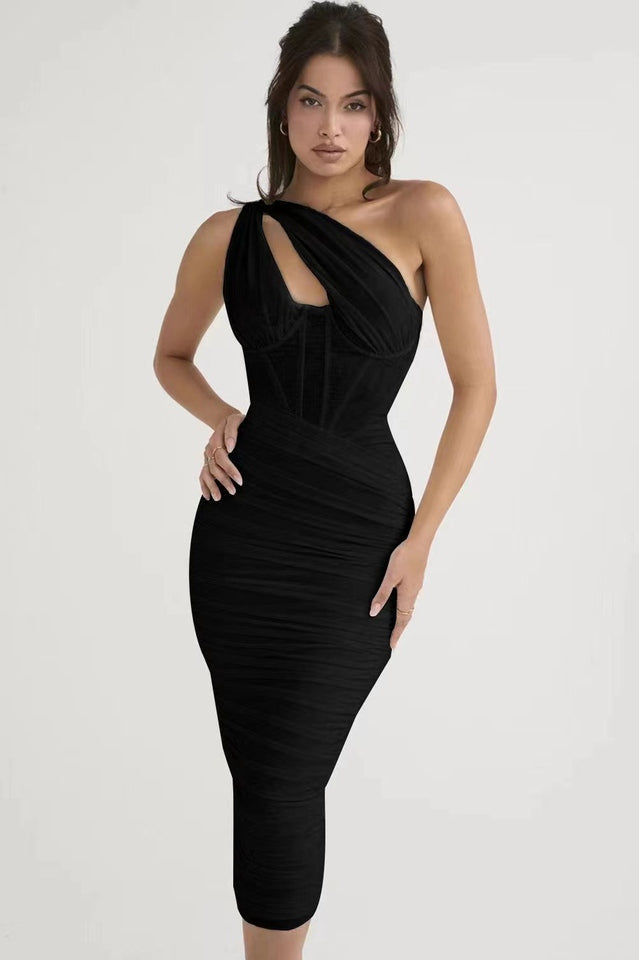 One Shoulder Corset Bodice Ruched Cutout Keyhole Midi Dress