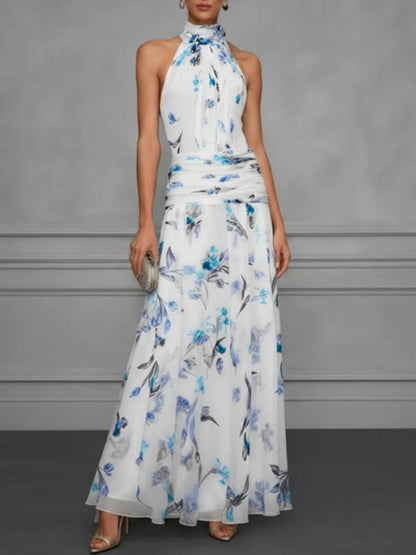 Halter Printed Temperament Waist Parties Maxi Dresses