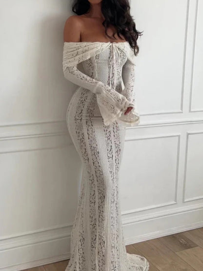 Lace Hollow Off Shoulder Flared Sleeves Hip-hugging Maxi Dresses