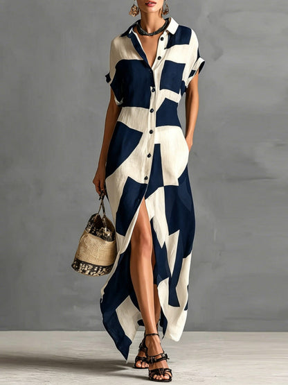 Geometric Patterns Plaid Printed Shirts Vacation Sunscreen Maxi Dresses