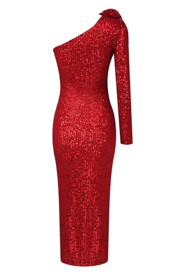 One Shoulder Rosette Detail Long Sleeve Sequin Midi Dress