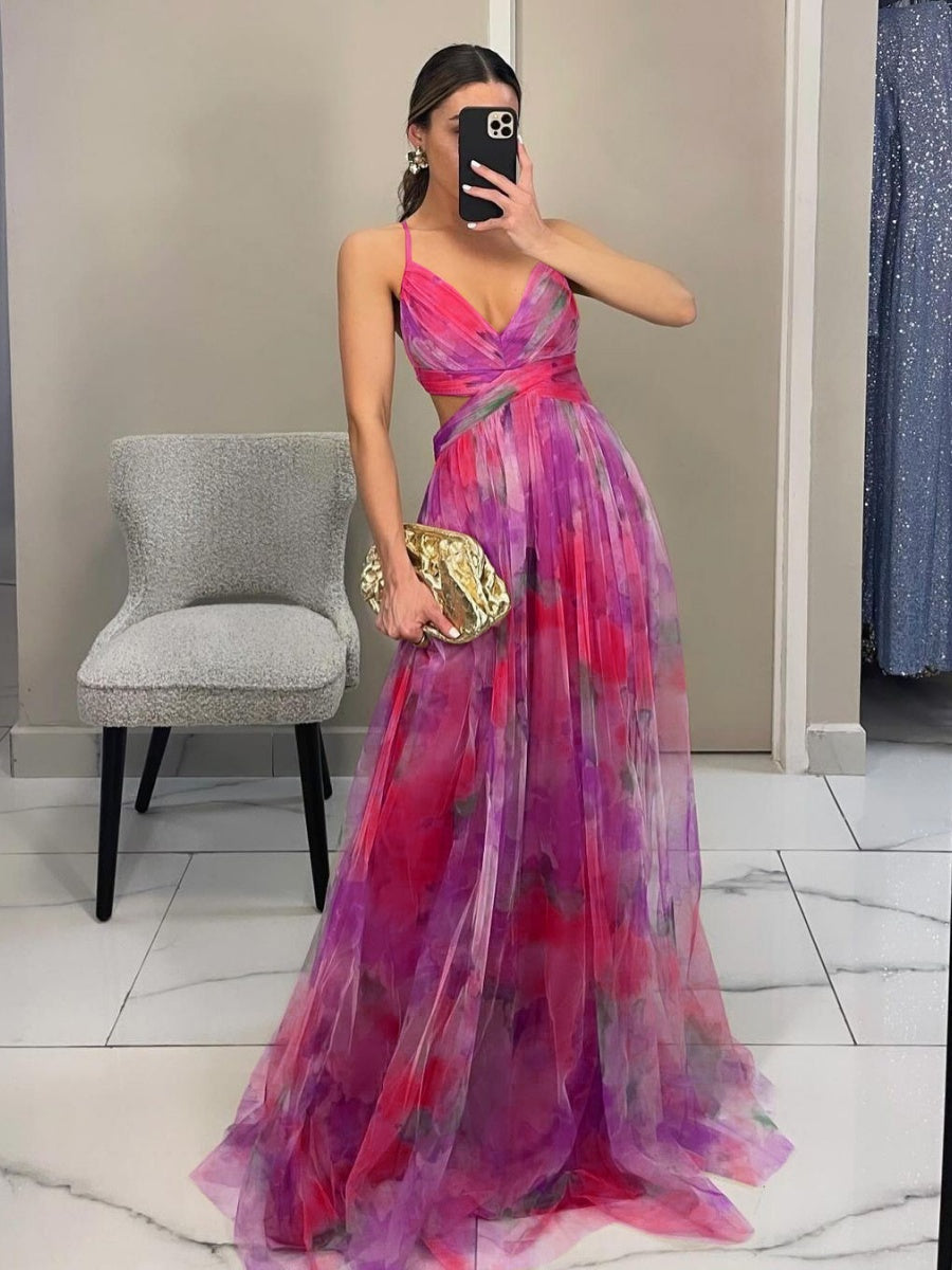 Mesh Floral Print Long Dress