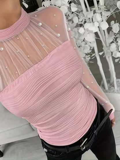 Beading Gathering Gauze T-shirt Sheer Tops