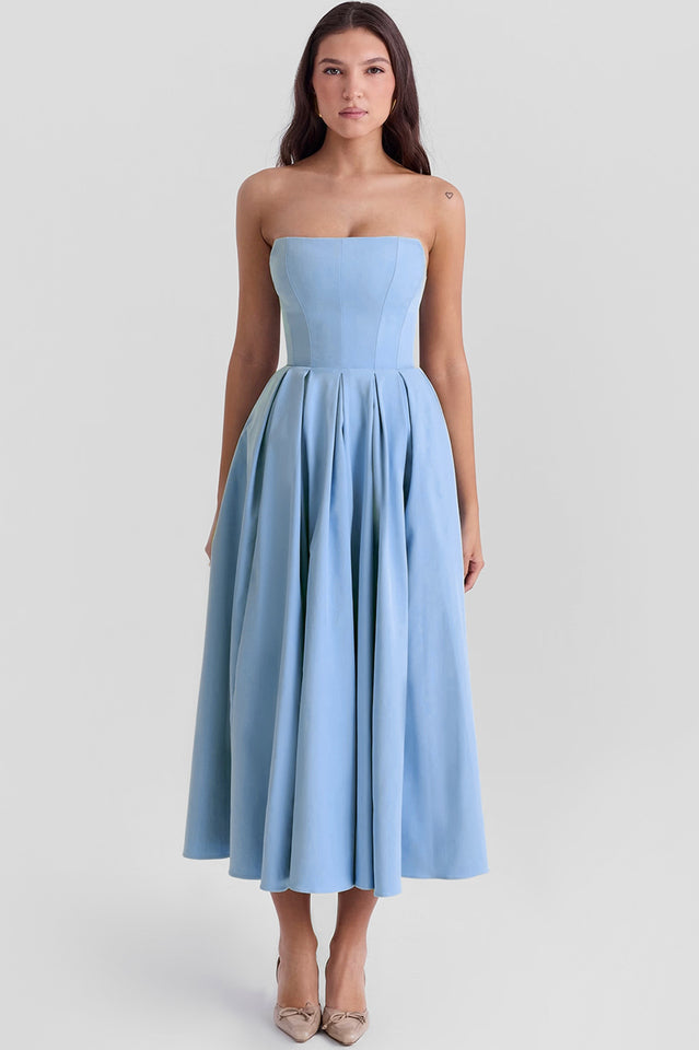 Strapless Princess Seam Pleated A-Line Midi Dress
