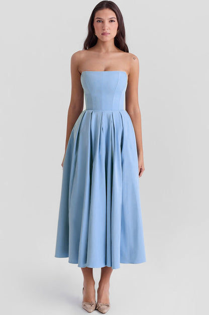 Strapless Princess Seam Pleated A-Line Midi Dress
