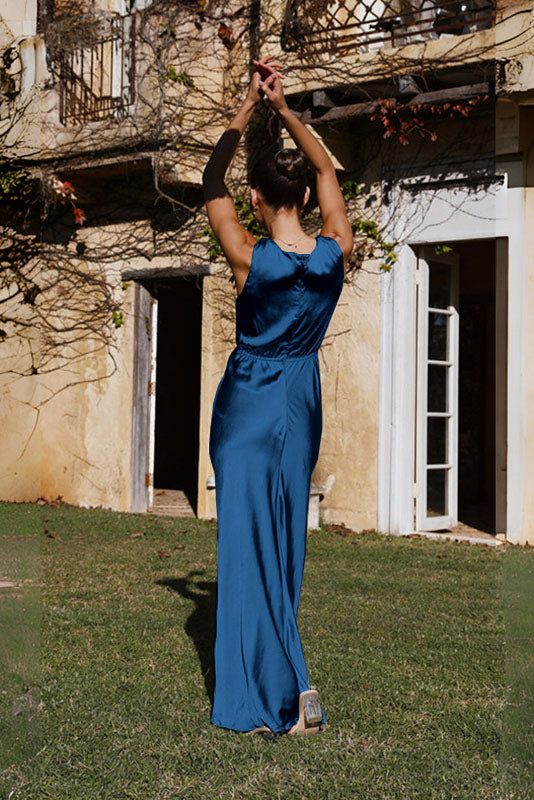 Satin Deep V-Neck Sleeveless Open-Back Cinched Waist Column Maxi Dress