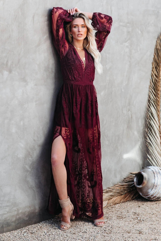 Deep V Neck Floral Lace Embroidered Long Sleeve Side Slit Maxi Dress