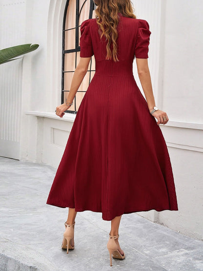 Pleated Waist Short Sleeve Maxi Dresses