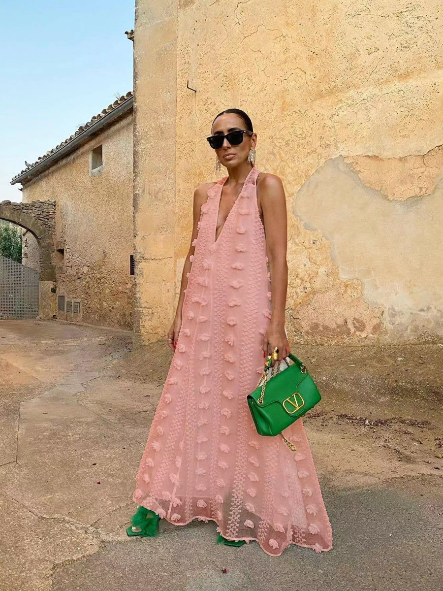 Halter-neck V-neck Long Dress With Flowing Ribbons