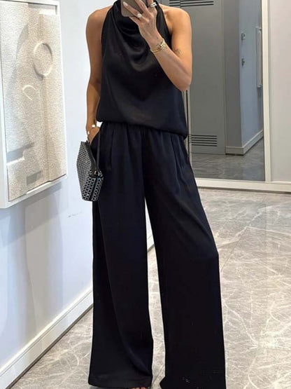 Swing Collar Sleeveless Top Straight-leg Trousers Set 2-piece Sets