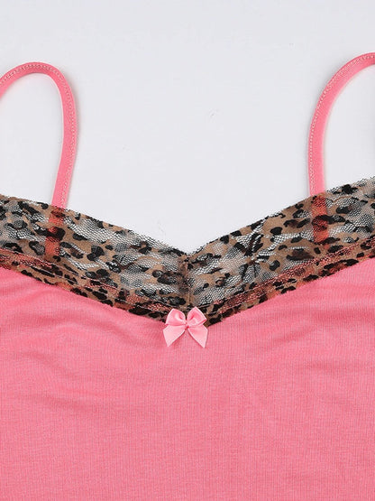 Pink Leopard Print Patchwork Lace Camisole