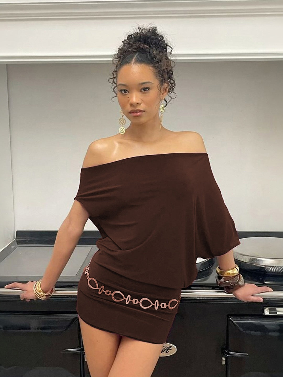 Off-shoulder, Two-way Batwing Sleeve, Solid Color, Loose Fit, Slimming, Asymmetrical Short Dress