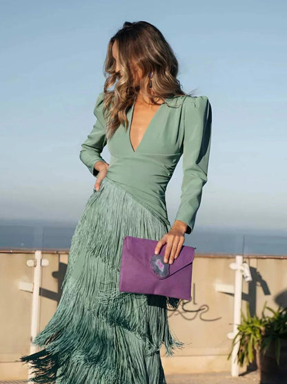 Long Sleeve Deep V Tassel Maxi Dresses