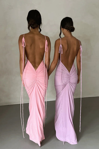 Deep V Back Tie Strap Ruched Gathered Back Bodycon Maxi Dress