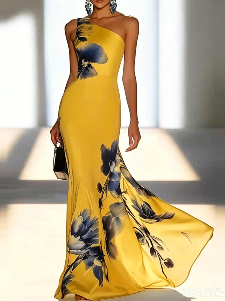 Blue Floral Print One-shoulder Long Dress