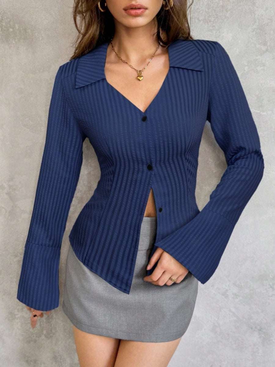 Flared Sleeves Slim-fit Lapel Stripes Shirts