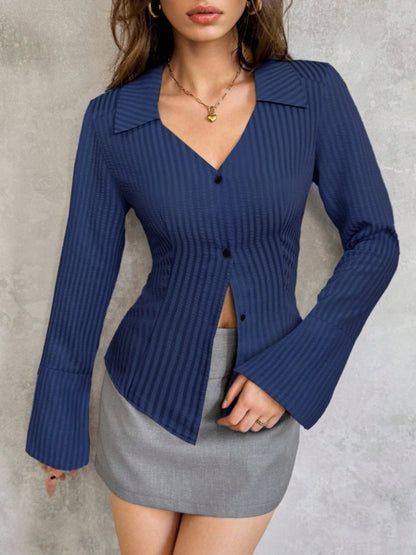 Flared Sleeves Slim-fit Lapel Stripes Shirts