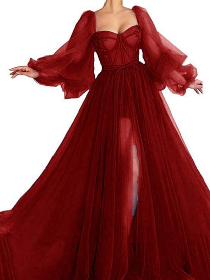 Herringbone Square Neckline With Mesh Slits And Wide Hem Maxi Dresses