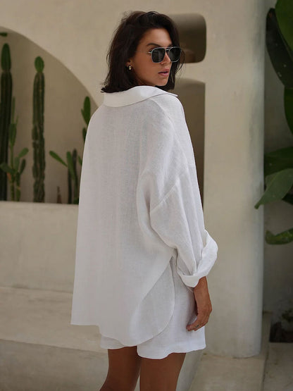 Pure Cotton Loose-fit Long-sleeved Shirt Loose Shorts Set 2-piece Sets