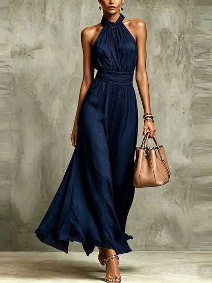 Halter Neck Solid Color Chiffon Vacation Style Waist-cinching Pleated Long Dress