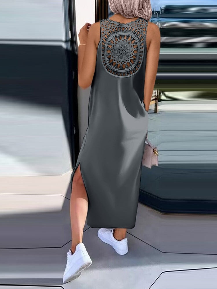 Simple Solid Color Sleeveless Long Dress With Openwork Floral Pattern On The Back