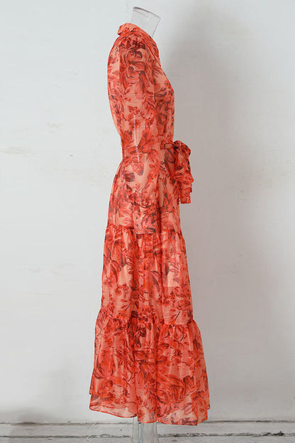 Sheer Floral Print Collared Button-Front Tie Belt Tiered Maxi Shirt Dress