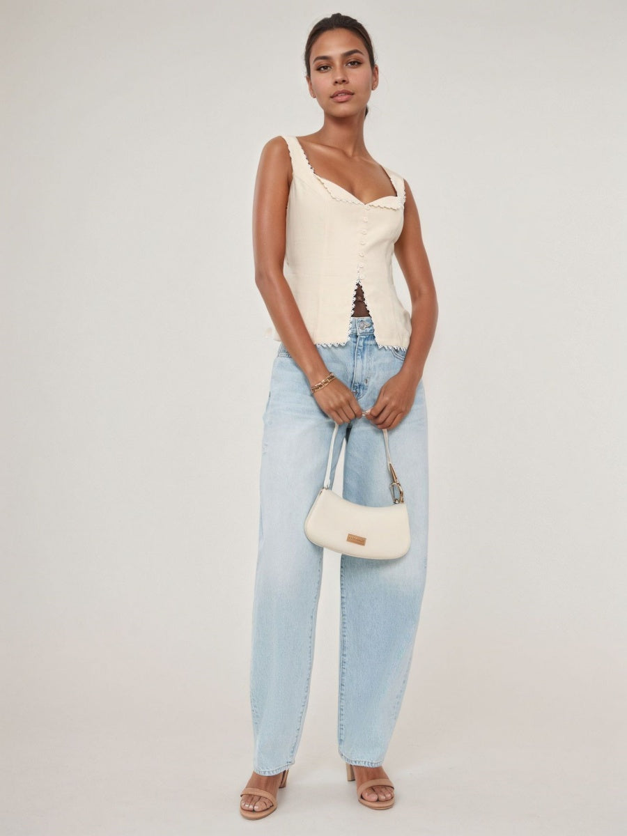 Retro Cotton And Linen Lace Patchwork Button Tank Tops