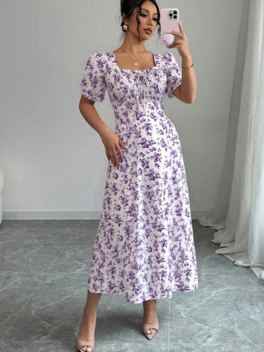 Floral Short Sleeve Square Collar Ruffle Vacation And Leisure Maxi Dresses
