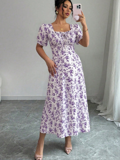Floral Short Sleeve Square Collar Ruffle Vacation And Leisure Maxi Dresses