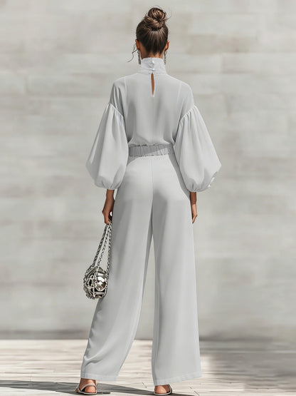 Chiffon Stand-up Collar Puff Sleeve High-waisted Draped Wide-leg Pants Two-piece Set