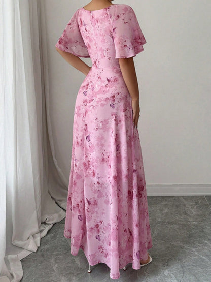Floral Lotus Leaf Sleeves Sweetheart Collar Vacation And Leisure Maxi Dresses