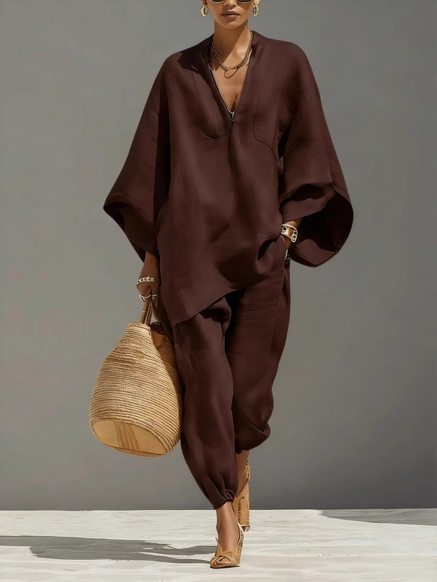 Solid Color Batwing Sleeves, V-neck, Loose Pockets 2-piece Sets