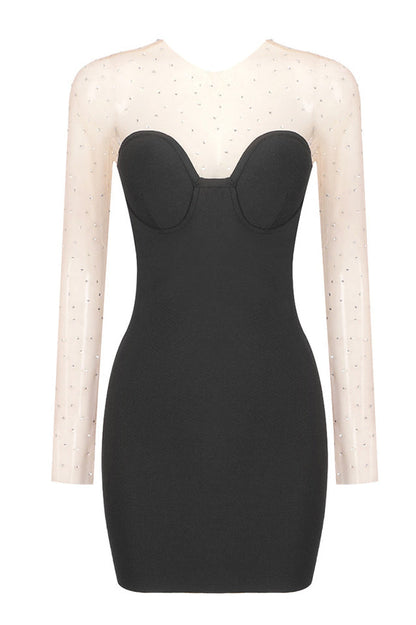 Rhinestone Mesh Illusion Sweetheart Neck Long Sleeve Bodycon Mini Dress