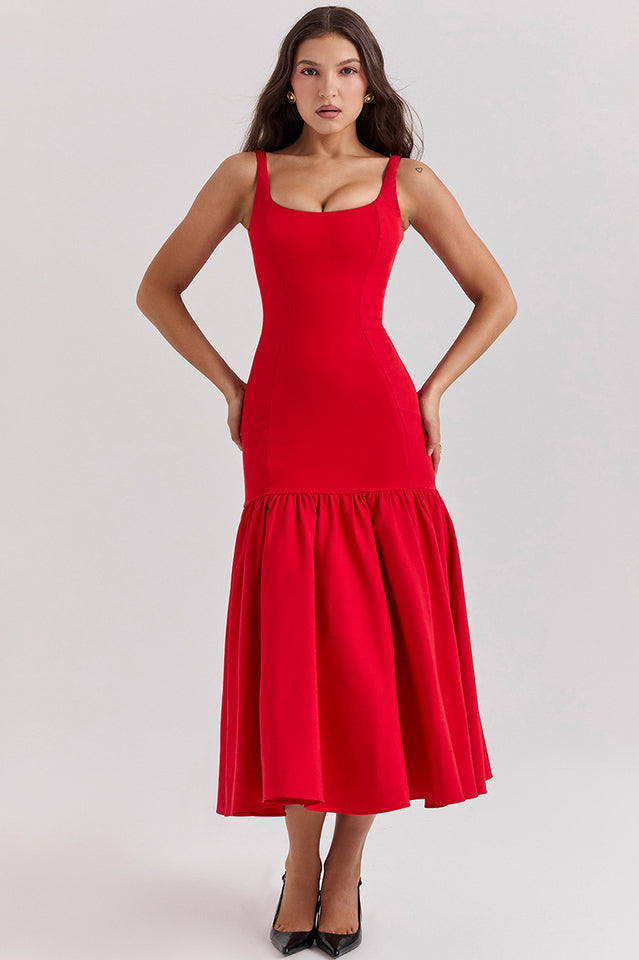 Scoop Neck Princess Seam Dropped Waist Flared Trumpet Midi Dress