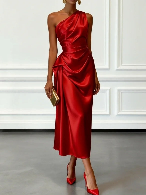 Off-the-shoulder Satin Pleated Midi Dress
