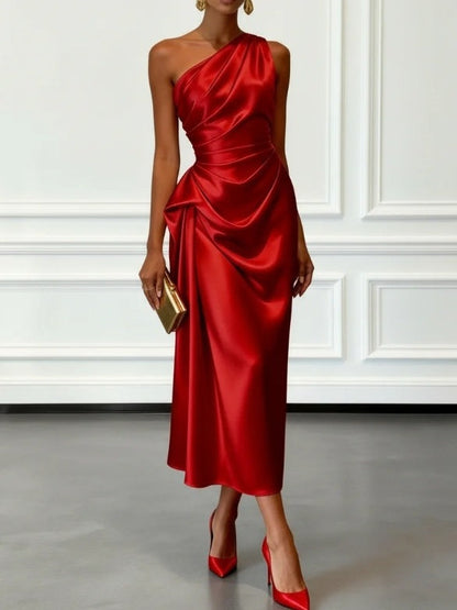 Off-the-shoulder Satin Pleated Midi Dress