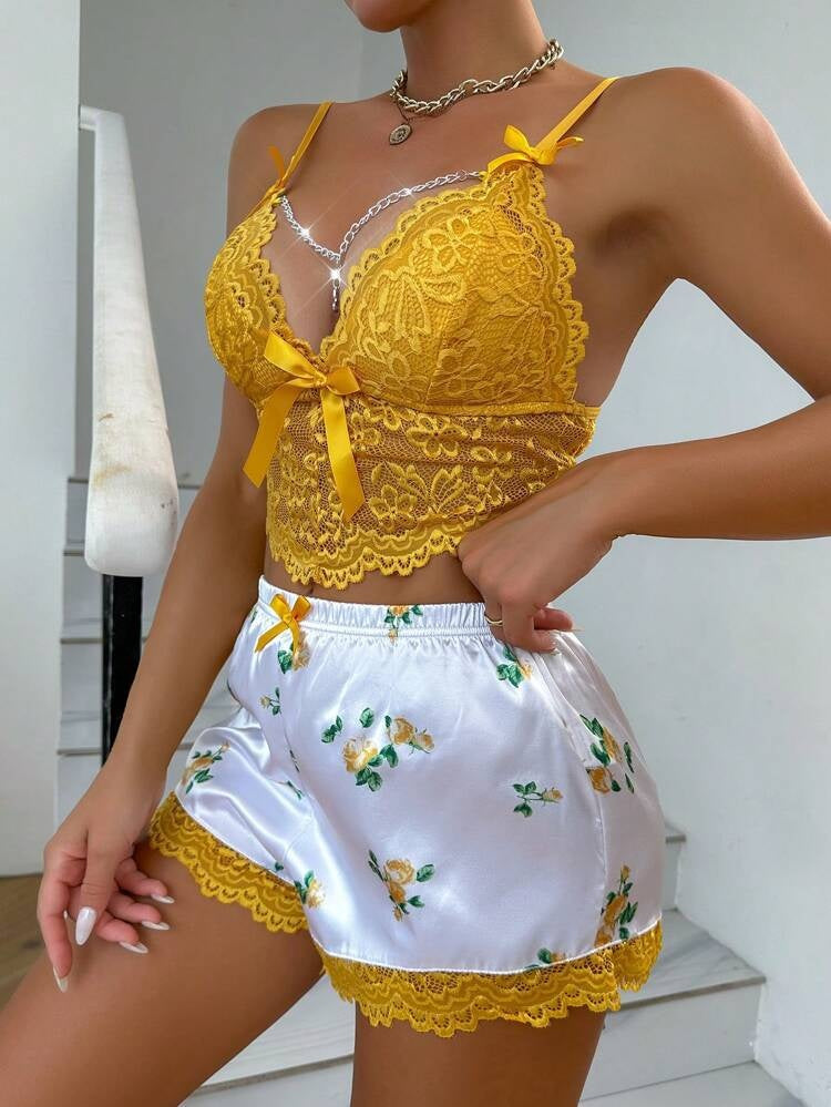 Deep V Lace Cutout Camisole Bra And Lace Trim Shorts Pajama Set