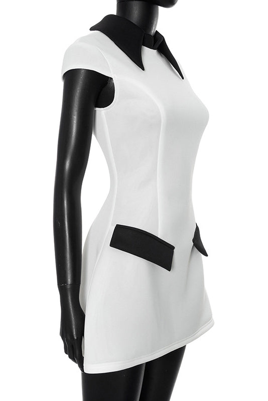 Pointed Contrast Collar Pocket Flap Cap Sleeve A-Line Mini Dress