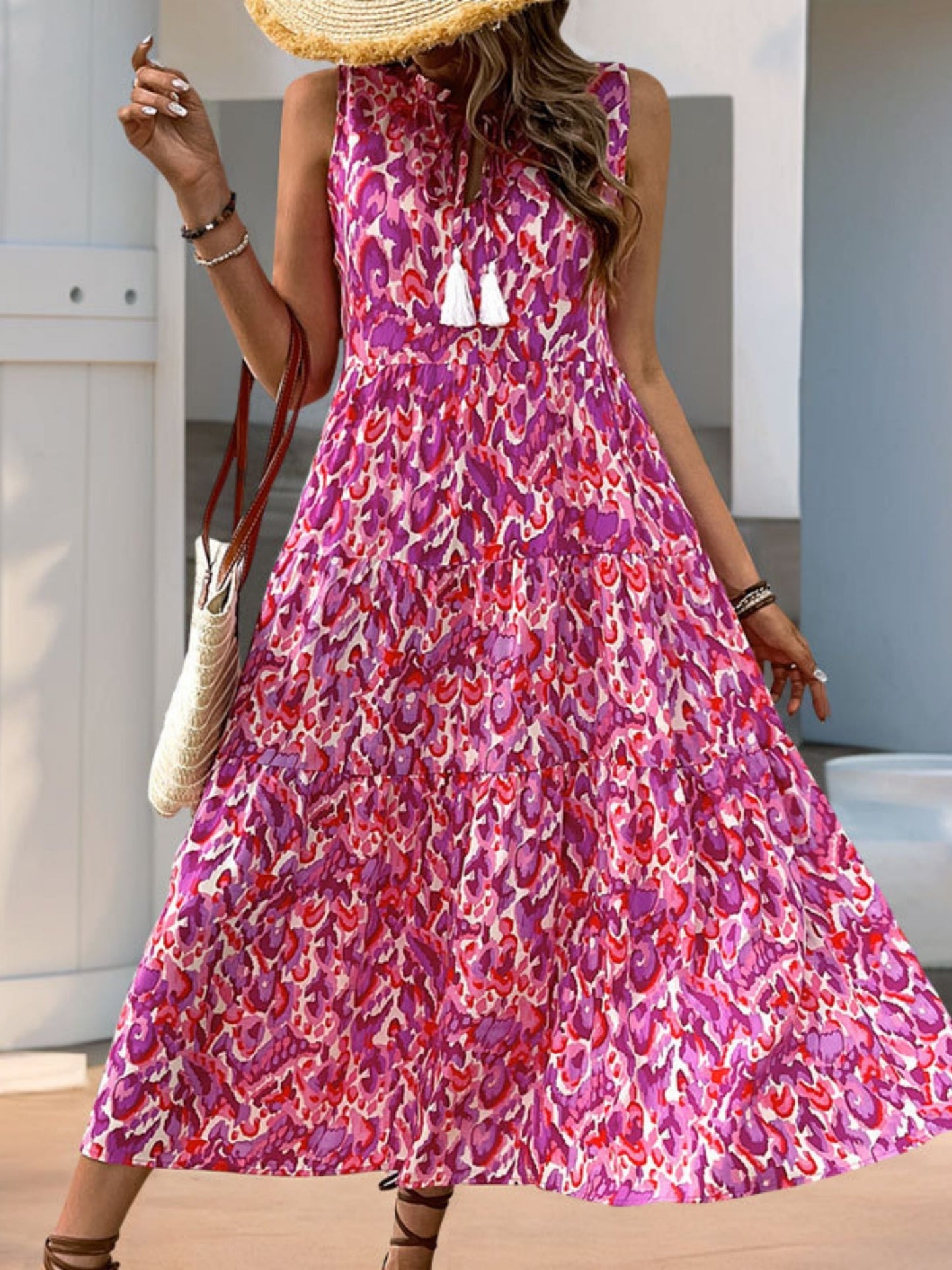 Printed Tassel V-neck Sleeveless Maxi Dresses