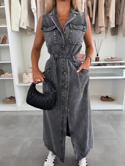 Sleeveless Tie-waist Single-breasted Denim Maxi Dress
