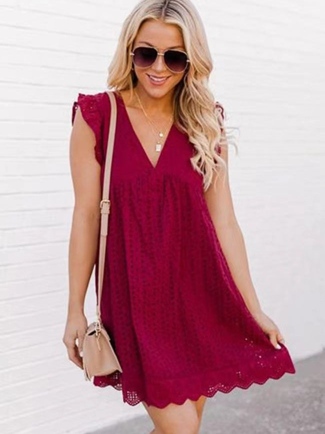 Lace Jacquard Openwork V-neck With Ruffles Solid Color Mini&Short Dresses