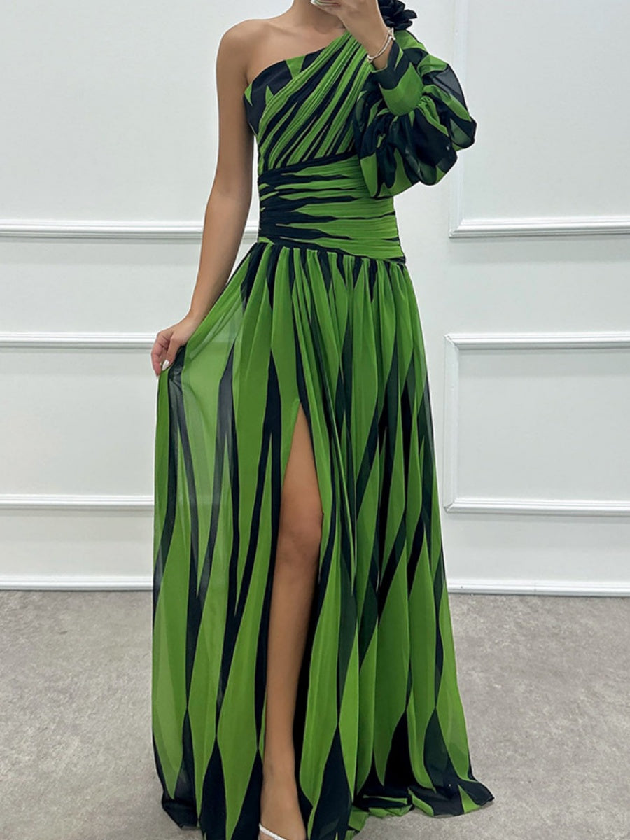 Color-blocked Printed Sloping Shoulders Slit Formal Dress Maxi Dresses
