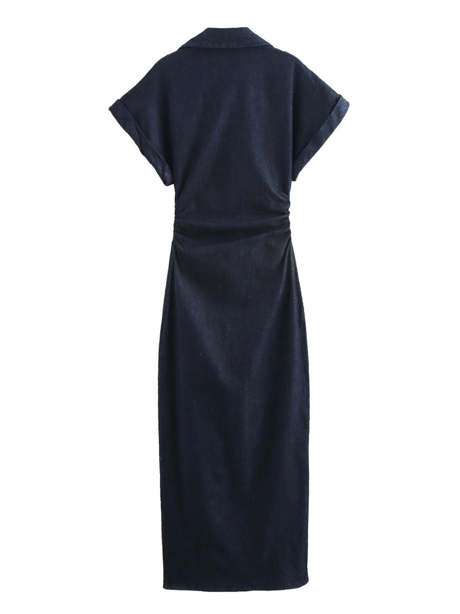 V-neck Short Sleeve Waist Hip-hugging Button Slit Commuting Temperament Maxi Dresses