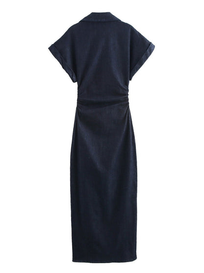 V-neck Short Sleeve Waist Hip-hugging Button Slit Commuting Temperament Maxi Dresses