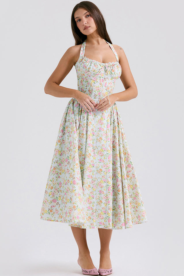 Halter Sweetheart Neck Lace Trim Ditsy Floral Corset Bodice Midi Dress
