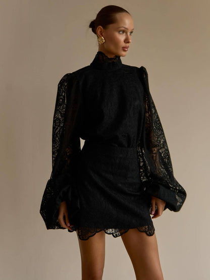 Lantern Sleeve High Neck Lace Two-piece Set